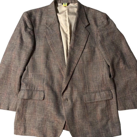 Vintage Farah 46R Glen Plaid Blazer Wool Silk Blend Brown Tan 1 Button Missing